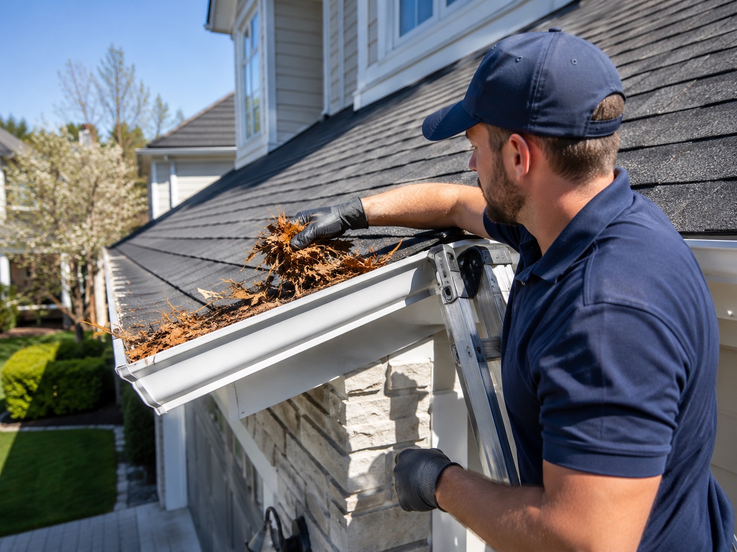 Gutter cleaning and service on a residential house