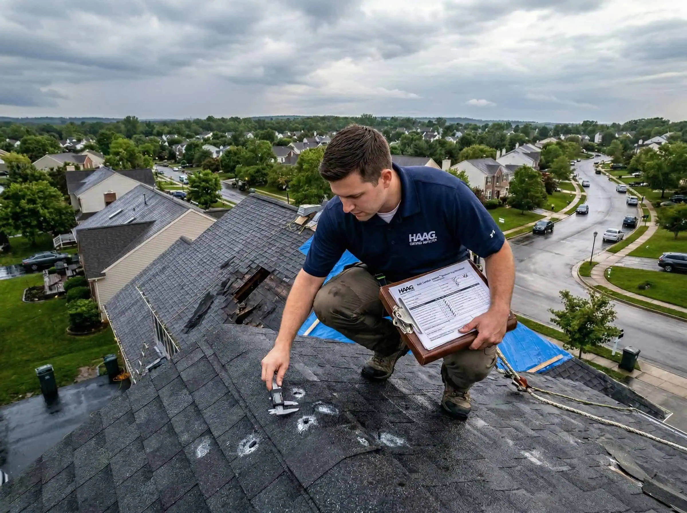 Inspector documenting storm and hail damage on a roof